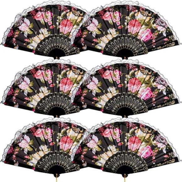 Elegant Floral Lace Folding Hand Fan – 6 Pieces Black with Colorful Roses - Picture 1 of 5